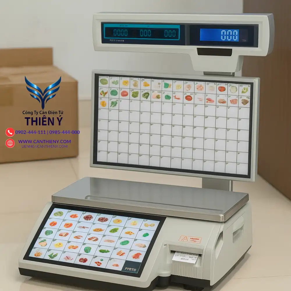 Cân siêu thị có màn hình kép Thiên Ý – cân điện tử chính hãng, hiển thị kép cho khách hàng và nhân viên, bảo hành 18 tháng