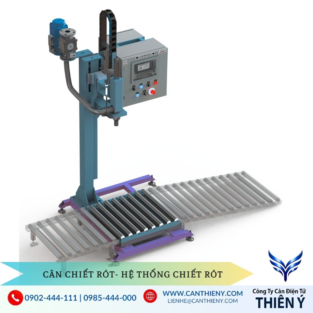 Cân chiết rót chất lỏng có băng tải con lăn Thiên Ý