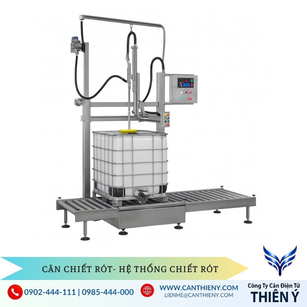 Cân chiết rót chất lỏng có băng tải xích Thiên Ý